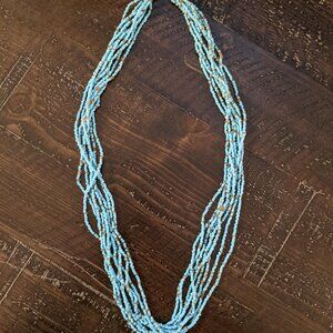 Long Turquoise Multi Strand Seed Bead Necklace Boho Waterfall Style Beaded Blue